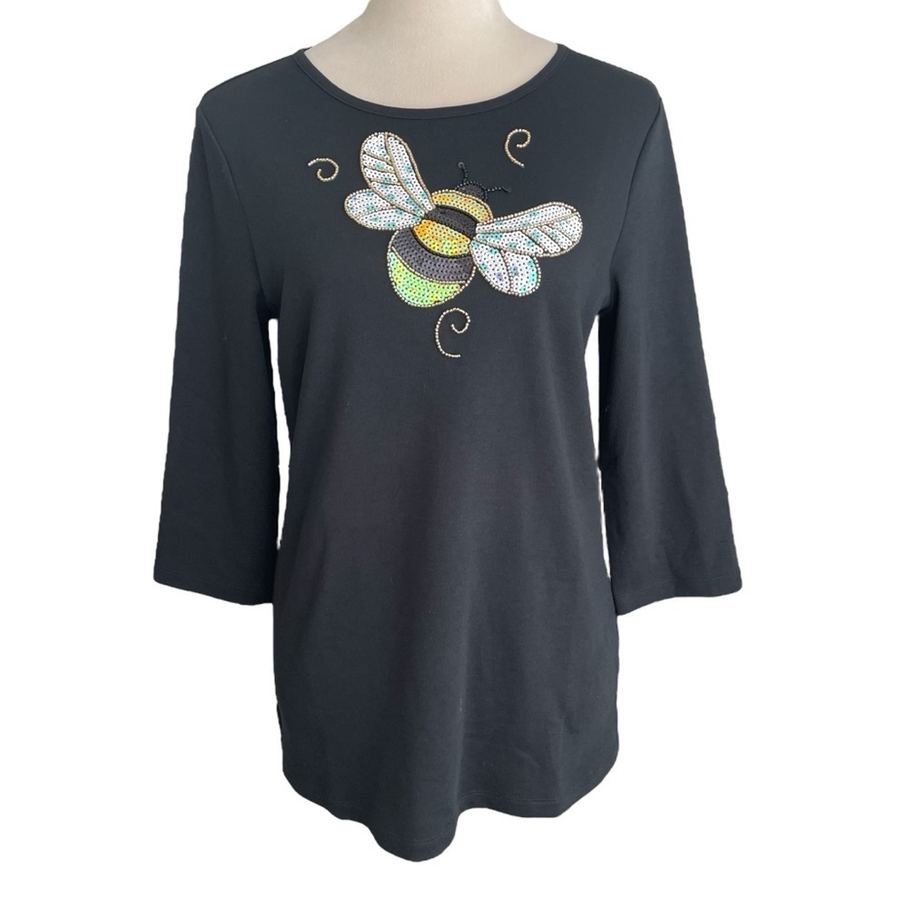 Quacker Factory Sequin‎ Embellished Top Bee Cotton Blend Women Size XS